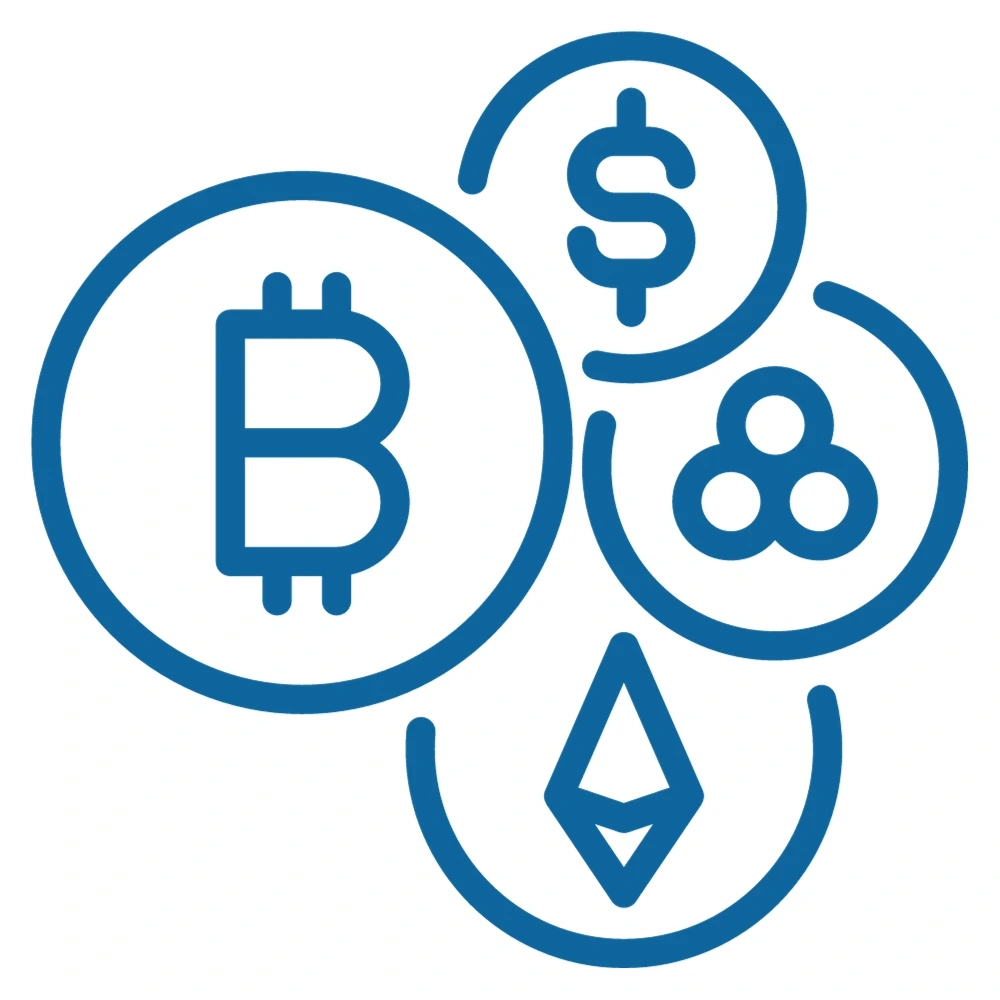 Dark blue icon of four types of crypto currencies.