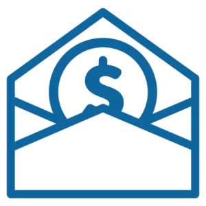 Dark blue icon of an open envelope with a coin sticking out.