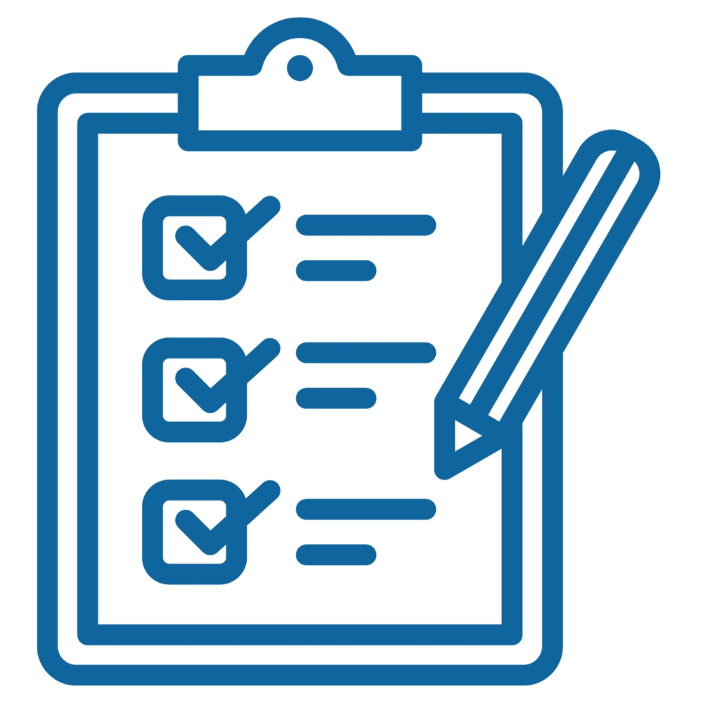 Dark blue icon of a clipboard with a checked off list and pencil.
