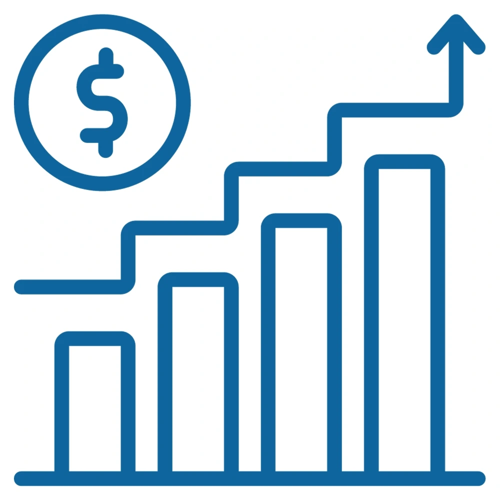 Dark blue icon of a bar chart with an upward trending arrow. Coin in the top left corner.