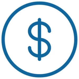 A dark blue basic outline of a dollar sign inside a circle.