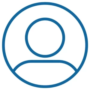 A dark blue basic outline of a person with zero features inside a circle.